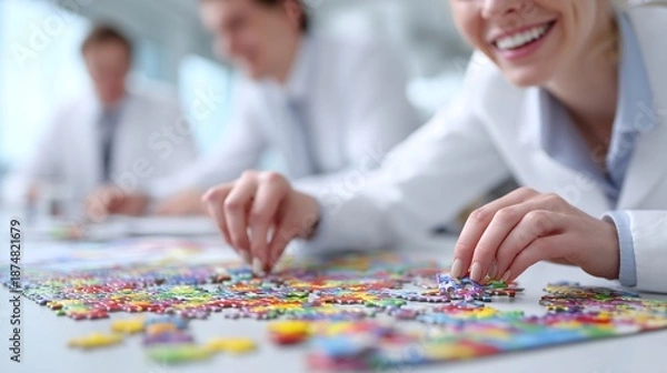 Fototapeta Collaborative Puzzle Solving Activity in a Bright Office Space