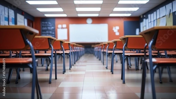 Fototapeta Empty classroom with modern seating and decor.