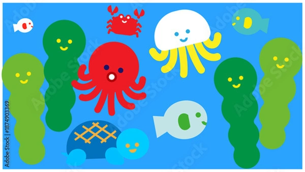 Obraz 海の中に集まるかわいい海の生き物たちのイラスト