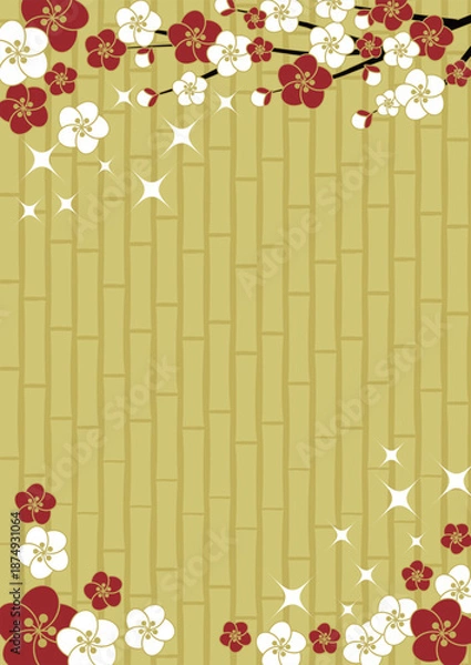 Obraz 梅と竹垣、金、背景イラスト、かわいい、シンプル、縦