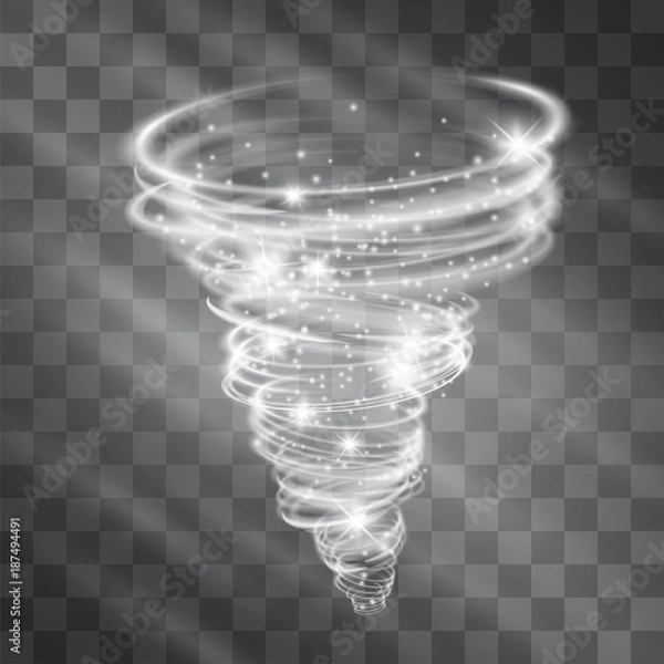 Fototapeta Light hurricane effect. Vector glowing tornado, swirling storm cone of shining stardust sparkles on transparent background. Glittering blizzard funnel, ice cold magical illumination. Whirlwind weather