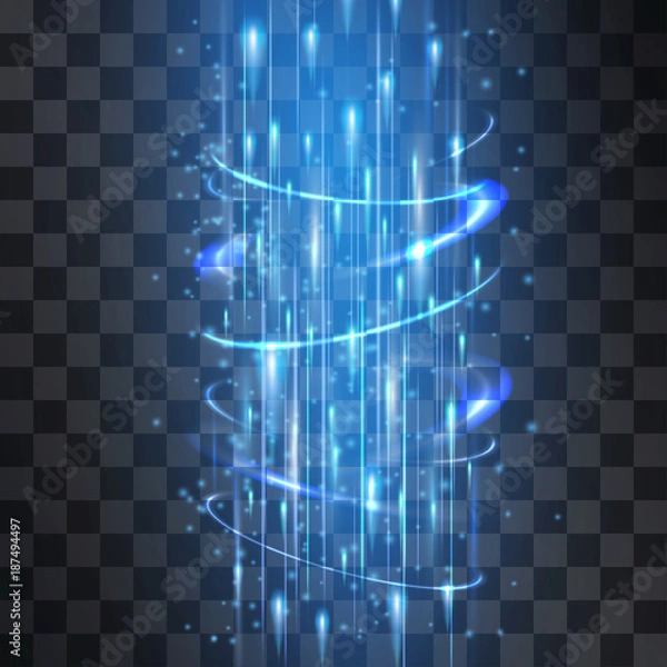 Fototapeta Laser stream through fire funnel light neon effect. Vector glowing swirling cold vortex cylinder of shining stardust sparkles on transparent background. Glittering flashes of magical illumination