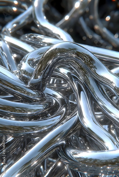 Fototapeta Metallic chain links intertwined in a complex pattern  