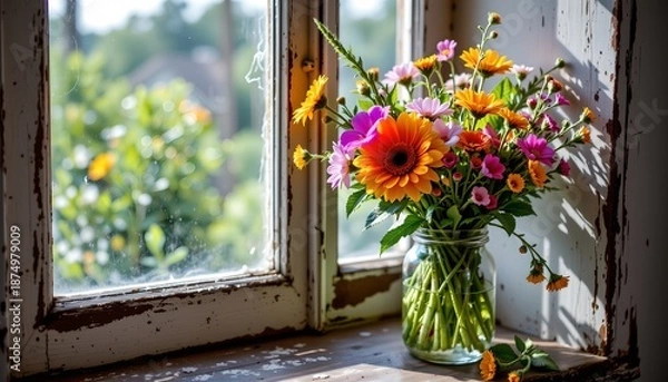 Obraz Wildflower Arrangement Sunlit Rustic Windowsill Scene