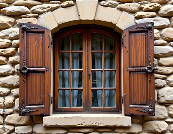 Obraz Vintage Window with Ornate Shutters Rustic Wall