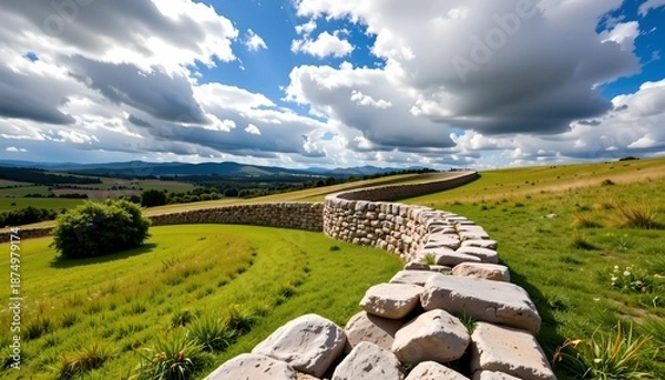 Obraz Ancient Stone Wall Across Rolling Grassland Under Cloudy