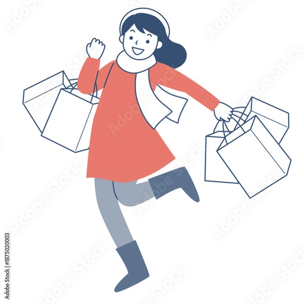 Obraz 多数のショッピングバッグを持って歩く若い女性