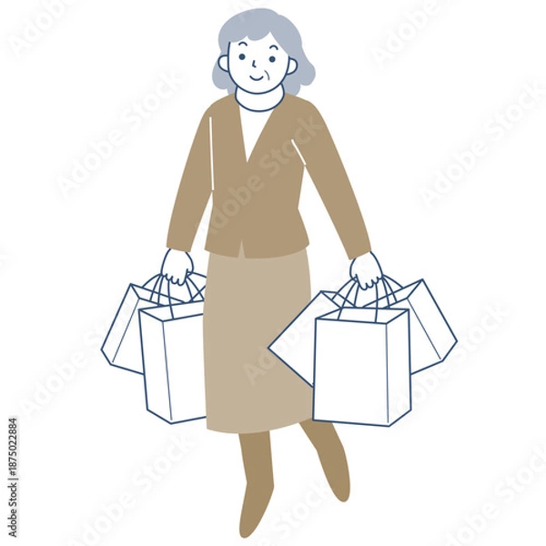 Obraz 多数のショッピングバッグを持って歩くシニア女性