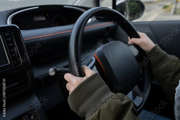 Obraz 自動車のハンドルを持つ人の手元	