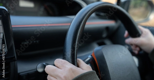 Obraz 自動車のハンドルを持つ人の手元	