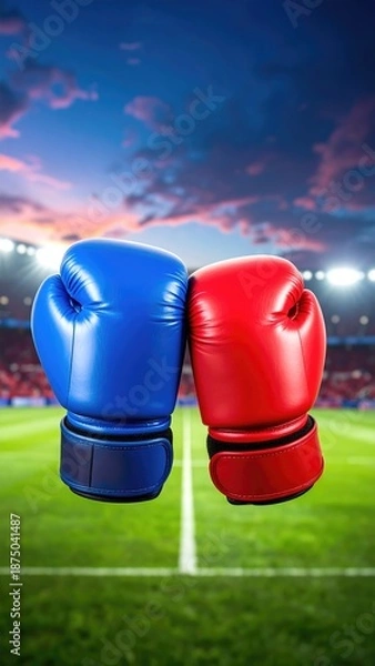 Obraz Two boxing gloves facing stadium field