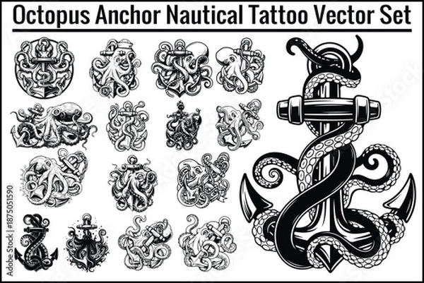 Obraz Octopus Anchor Nautical Tattoo Vector Set