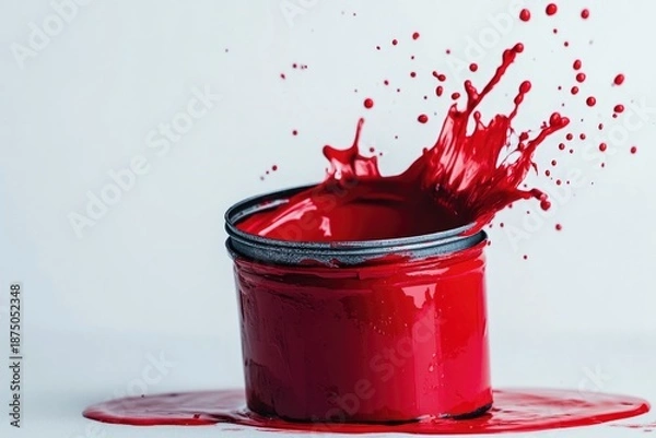 Obraz Vibrant red paint splashes dramatically from an open container,