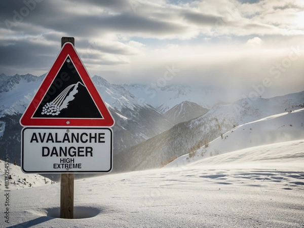 Obraz Avalanche danger sign on snowy mountains with dramatic clouds  