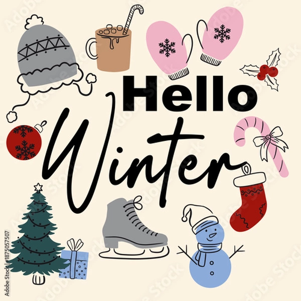 Obraz Hello Winter Doodle Vector Card Background