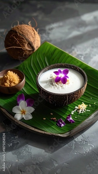 Obraz Dessert in coconut shell on leaf