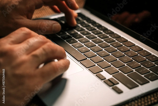 Obraz Working on a neon computer keyboard with colored backlighting. Computer video games, hacking, technology, internet concept. Selected focus. 