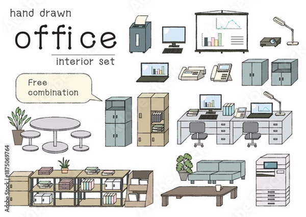 Obraz 組み替えできる線画のオフィスインテリアのイラストセット