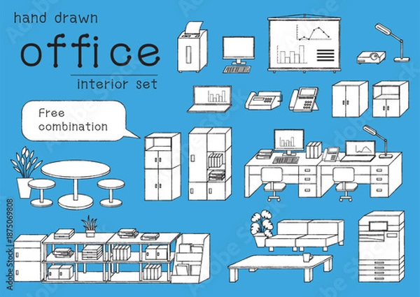 Obraz 組み替えできる線画のオフィスインテリアのイラストセット