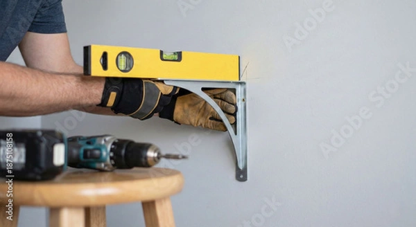 Obraz Man installing shelf bracket on wall for home maintenance