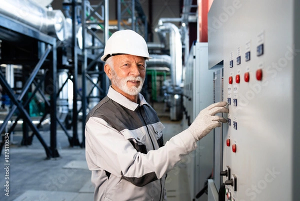 Obraz Senior industrial engineer operating control panel in plant