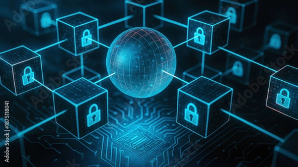 Fototapeta Blockchain network security lock encryption digital privacy rights data technology cyber protection sphere glow blue circuit computer internet node system information secure code access firewall