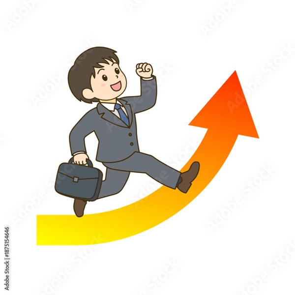 Obraz 上昇する矢印の上をジャンプする笑顔のビジネスマンのベクターイラスト｜成長・飛躍イメージ