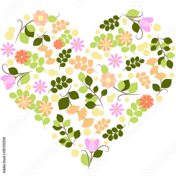 Fototapeta vector illustration of Valentine hearts with flowers and branches on a white background