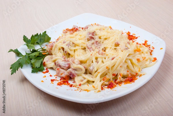 Fototapeta Italian paste with cheese and bacon