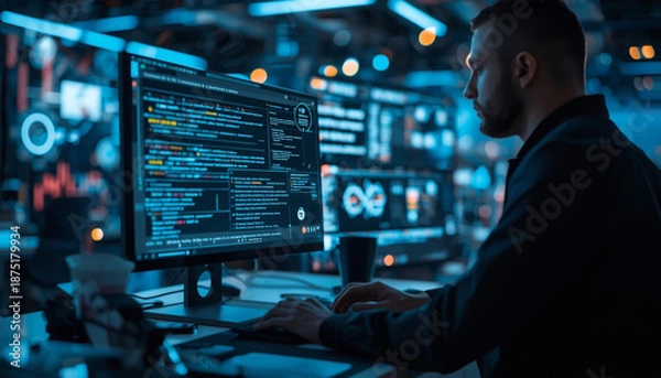 Obraz A man in a dark room working on a computer with multiple screens displaying code and data.