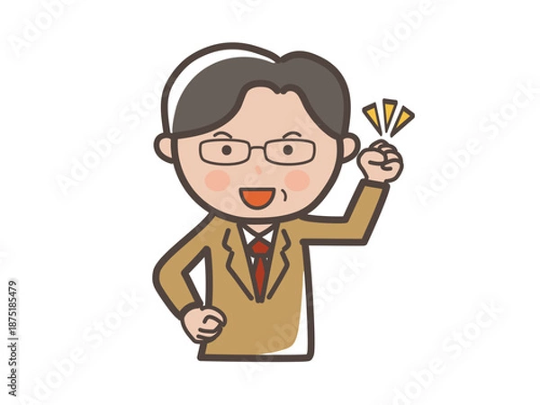 Fototapeta ガッツポーズでやる気満々の眼鏡をかけた中高年男性ビジネスマンの上半身イラスト