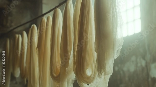 Obraz Noodles drying on a line in a rustic setting