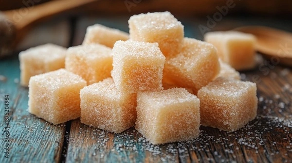 Obraz Sugar cubes piled on rustic wooden table with spoon