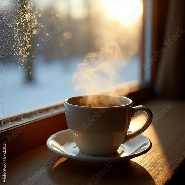 Obraz Steaming Hot Coffee Cup by a Window with Winter View