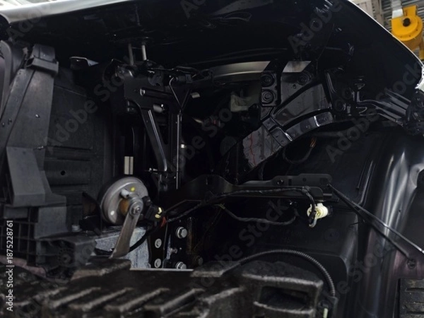 Fototapeta Car front frame showing engine bay components