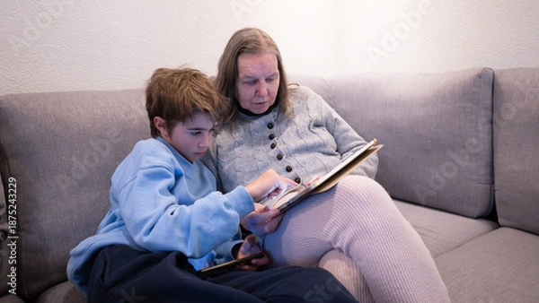 Obraz Grandmother and grandson learning using digital tablet technology