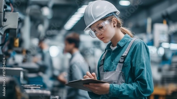 Fototapeta Apprentice learns quality control procedures in a manufacturing facility during working hours