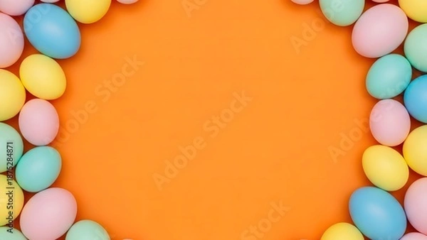 Obraz Easter eggs border frame with pastel colored eggs on orange background for easter greeting cards