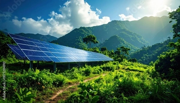 Obraz Clean Power Concept: Photovoltaic array surrounded by greenery
