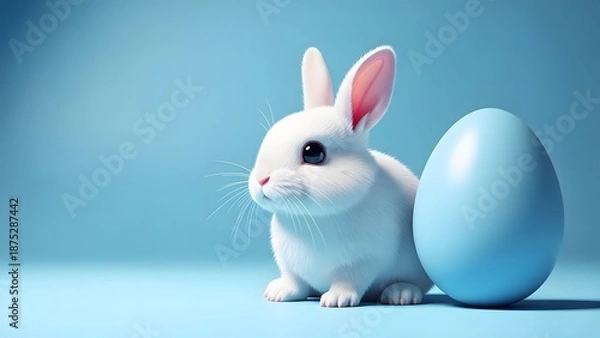 Obraz Easter bunny with giant blue easter egg on light blue background