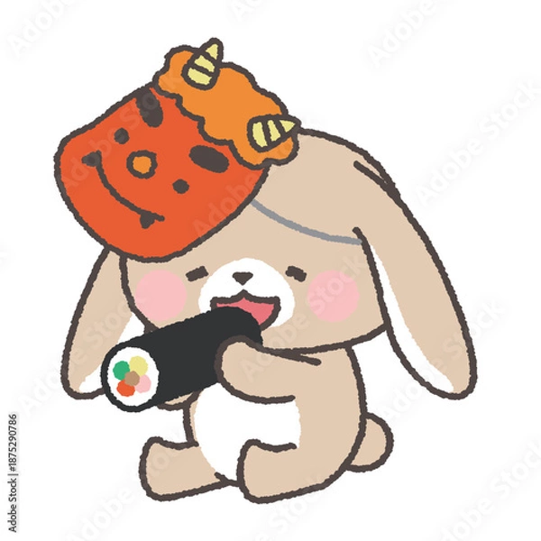 Obraz 恵方巻を座って食べる　鬼の面をつけたたれみみうさぎ