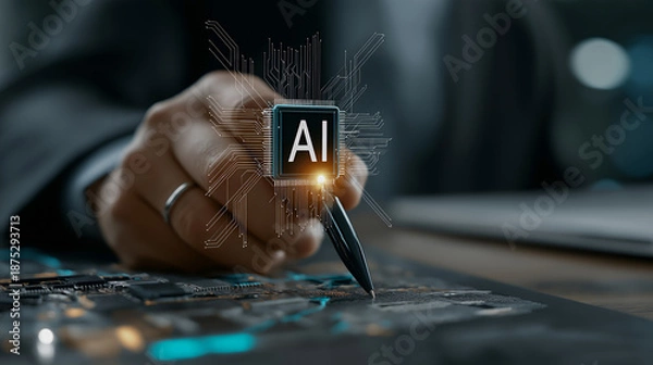 Obraz AIチップを操作するビジネスマンの最先端テクノロジー分析シーン