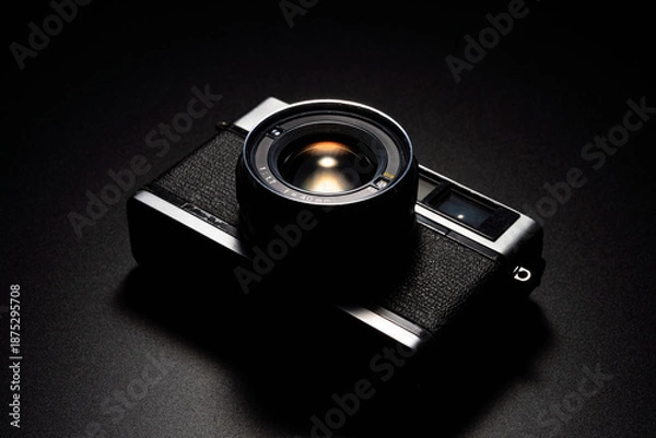 Fototapeta 暗い背景にスポットライトが当たった古いフィルムカメラ