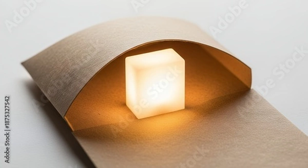 Obraz Glowing cube illuminates from within paper structure on white backdrop