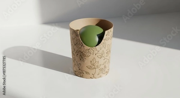 Obraz Green object inside a brown paper container against a white surface