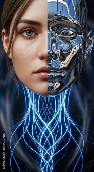 Obraz Human face merges with metallic robot face representing technology concept