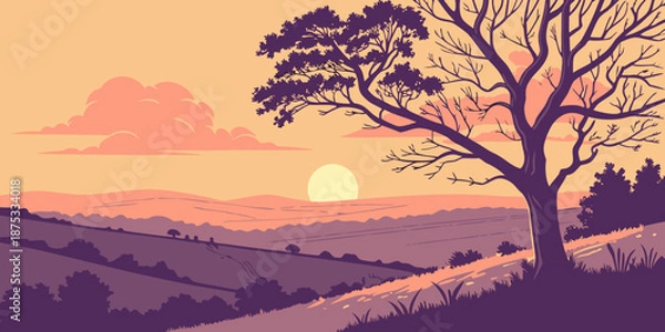 Obraz Minimal Sunset Mountain Landscape Vector Illustration