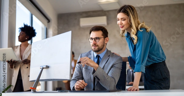 Fototapeta Business professionals explores artificial intelligence, machine learning, and data analytics