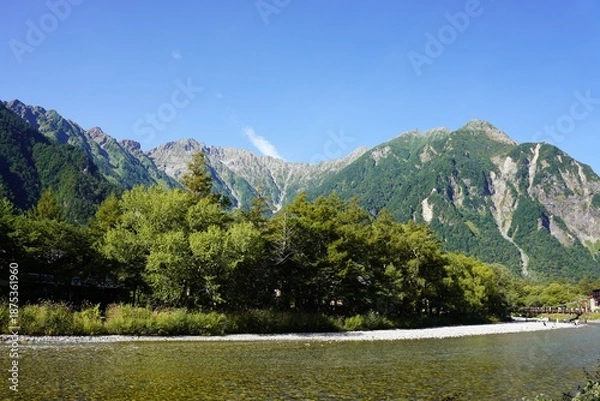 Obraz 北アルプス　上高地から望む穂高岳と梓川