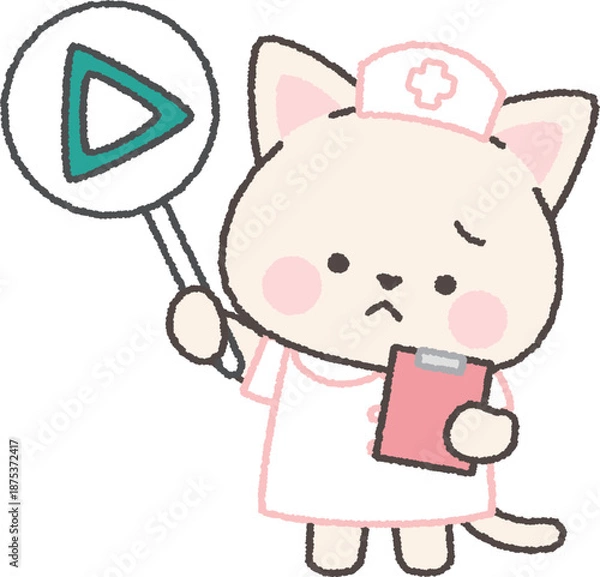 Obraz 三角印の札を持った白ネコの看護師